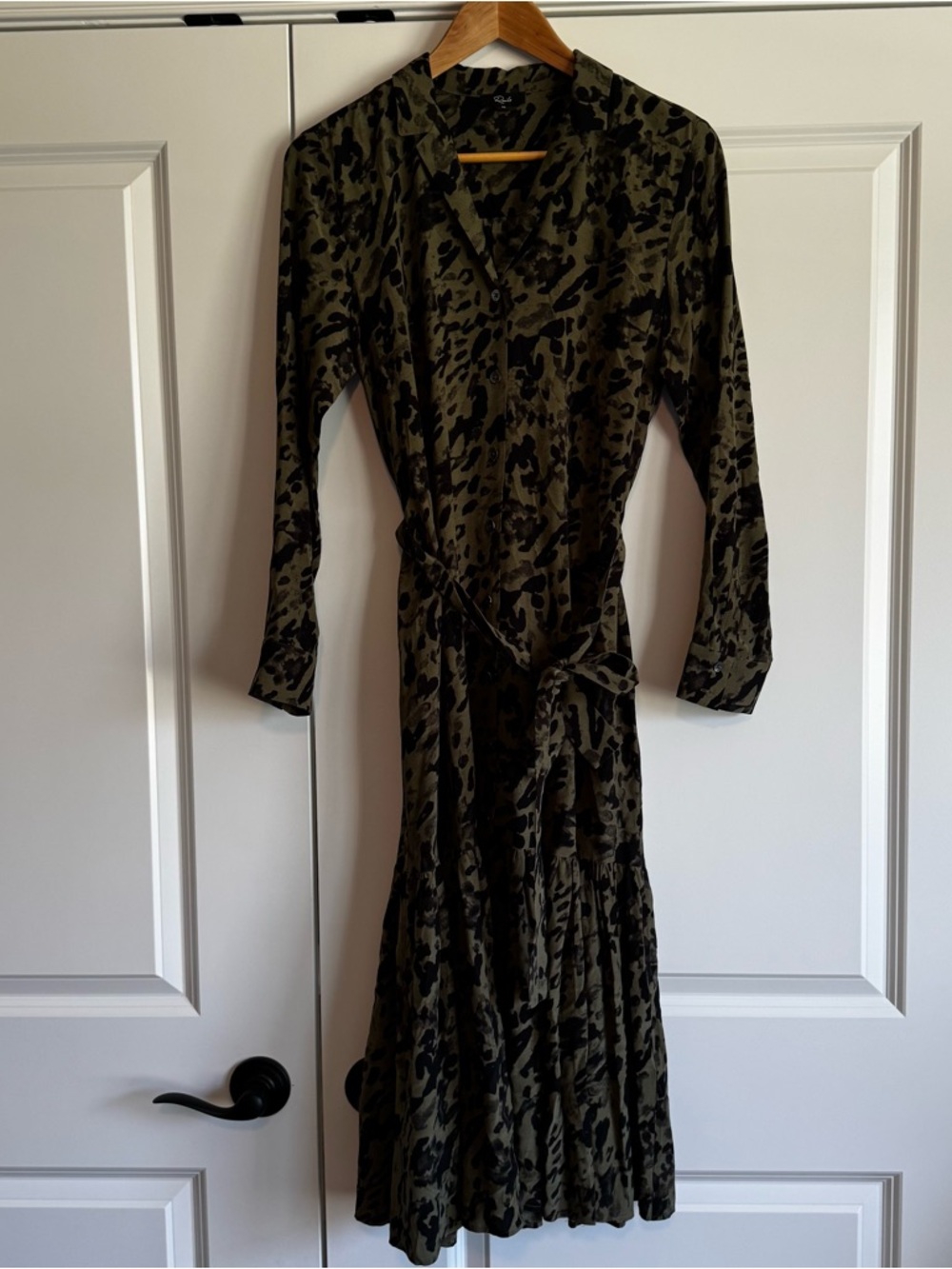 Rails Beatrice Dress XS Olive Leopard Tie Waist Midi Shirt Dress